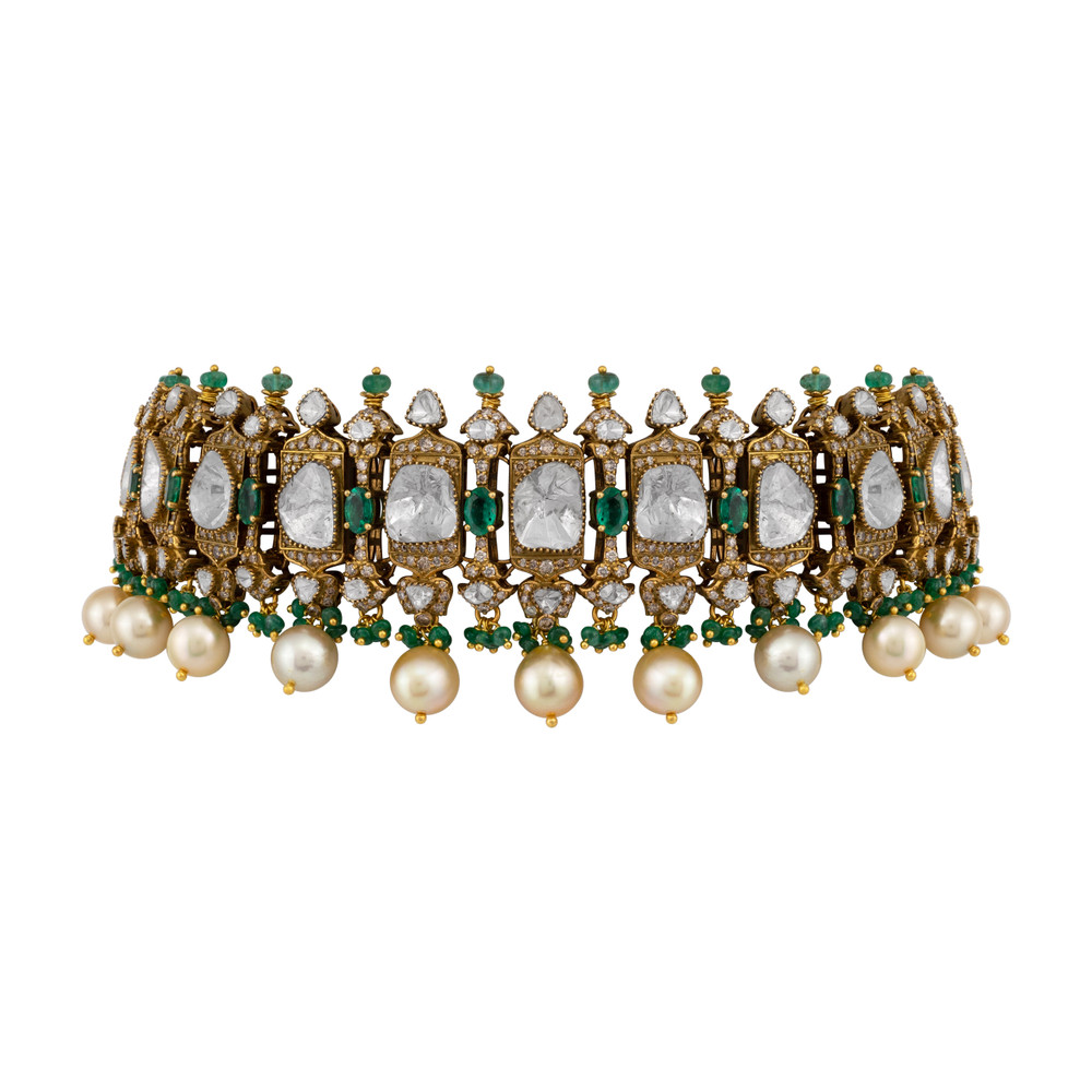 Antique Polki Choker with Emerald and Pearl Fringe